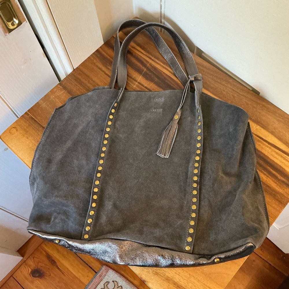 Suede Studded Tote Bag with Tassel Accent in Charcoal Gray